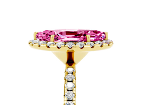 Yellow gold Marquise Cut Halo Round Diamond Pavé Band Four-Prong Ring_5