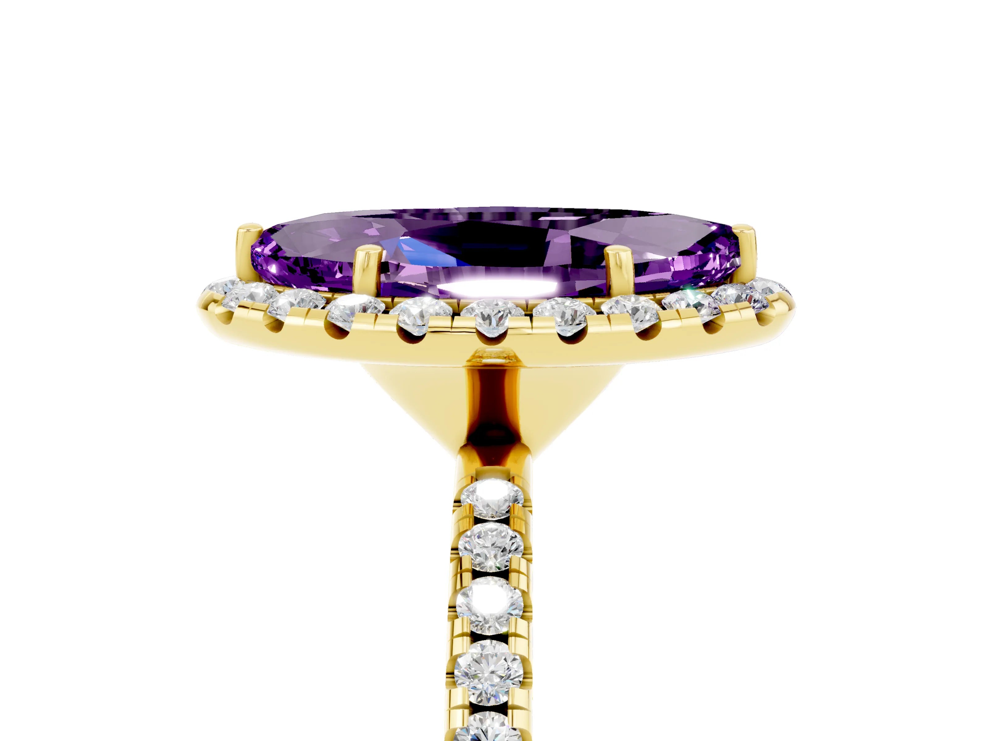 Yellow gold Marquise Cut Halo Round Diamond Pavé Band Four-Prong Ring_5