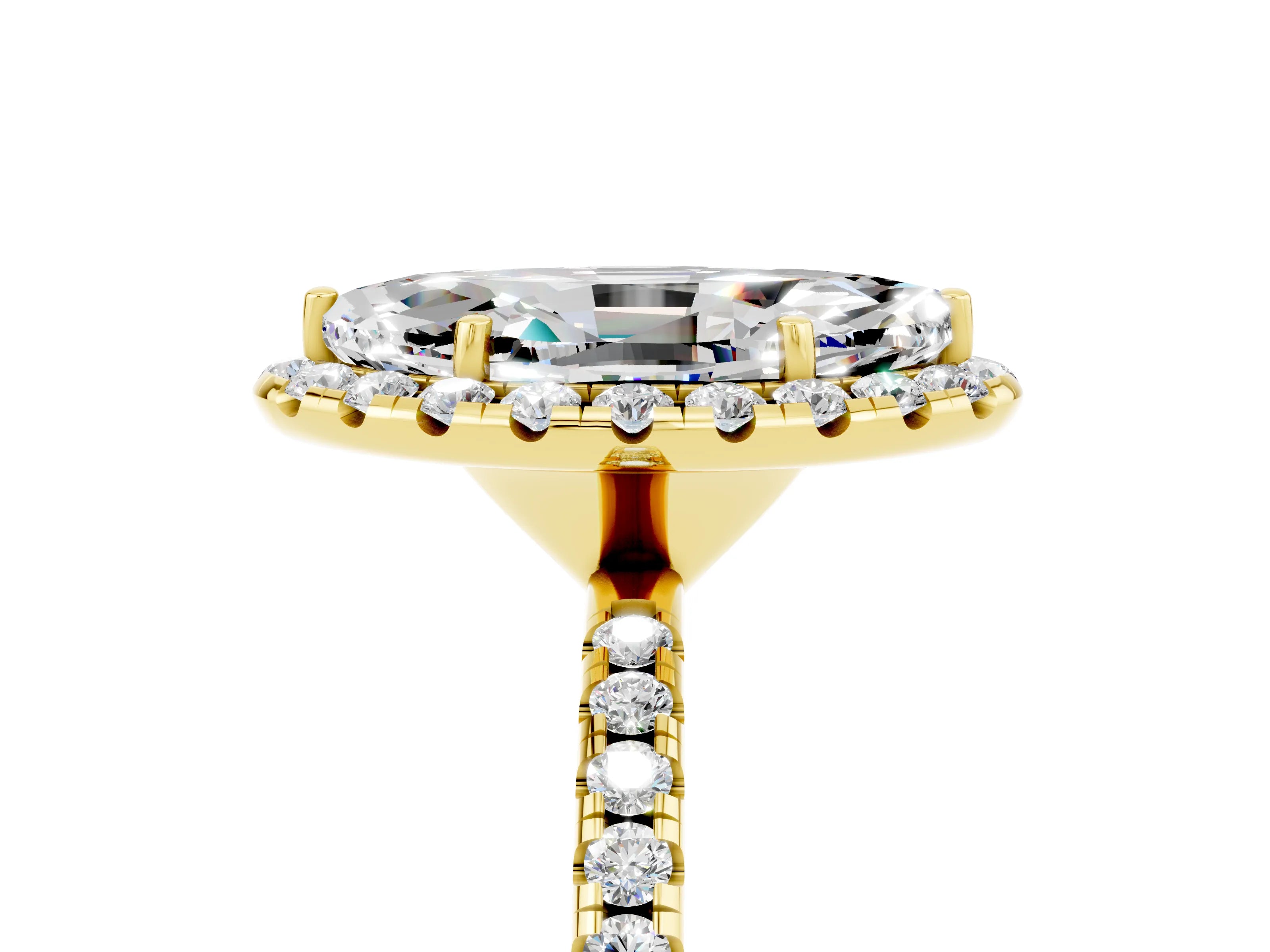 Yellow gold Marquise Cut Halo Round Diamond Pavé Band Four-Prong Ring_5