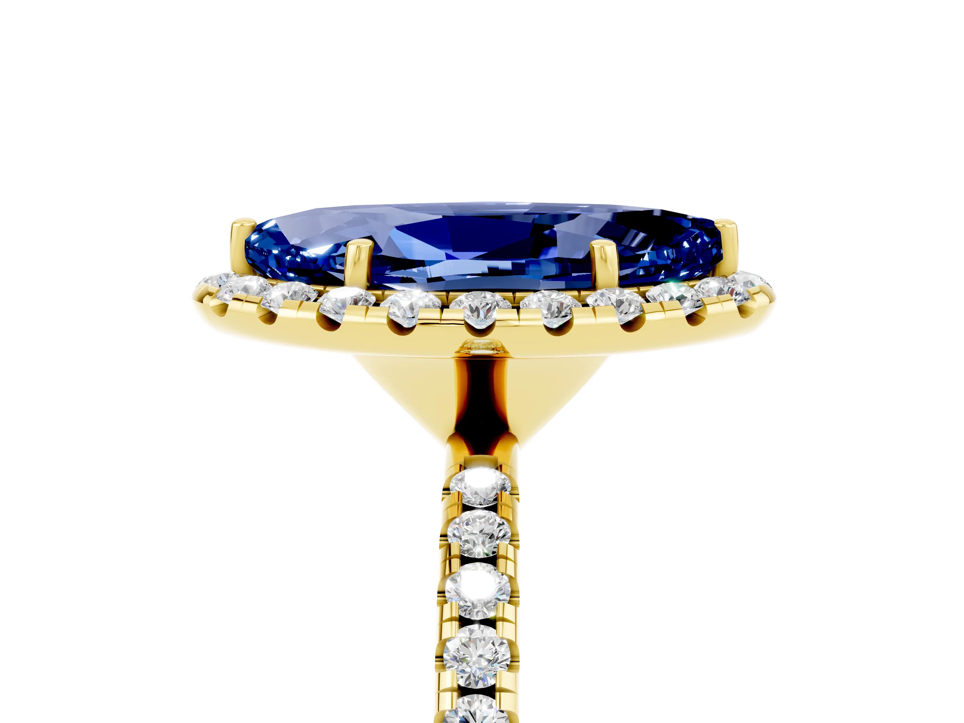 Yellow gold Marquise Cut Halo Round Diamond Pavé Band Four-Prong Ring_5