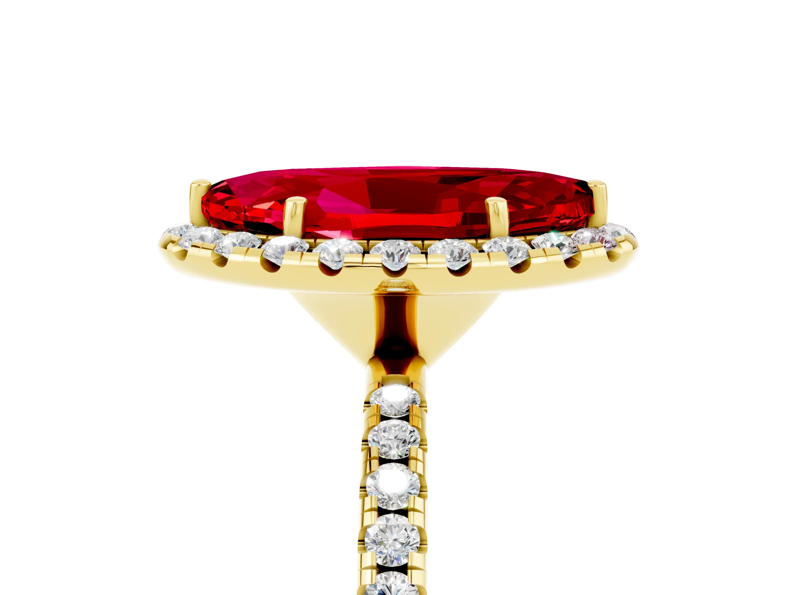 Yellow gold Marquise Cut Halo Round Diamond Pavé Band Four-Prong Ring_5