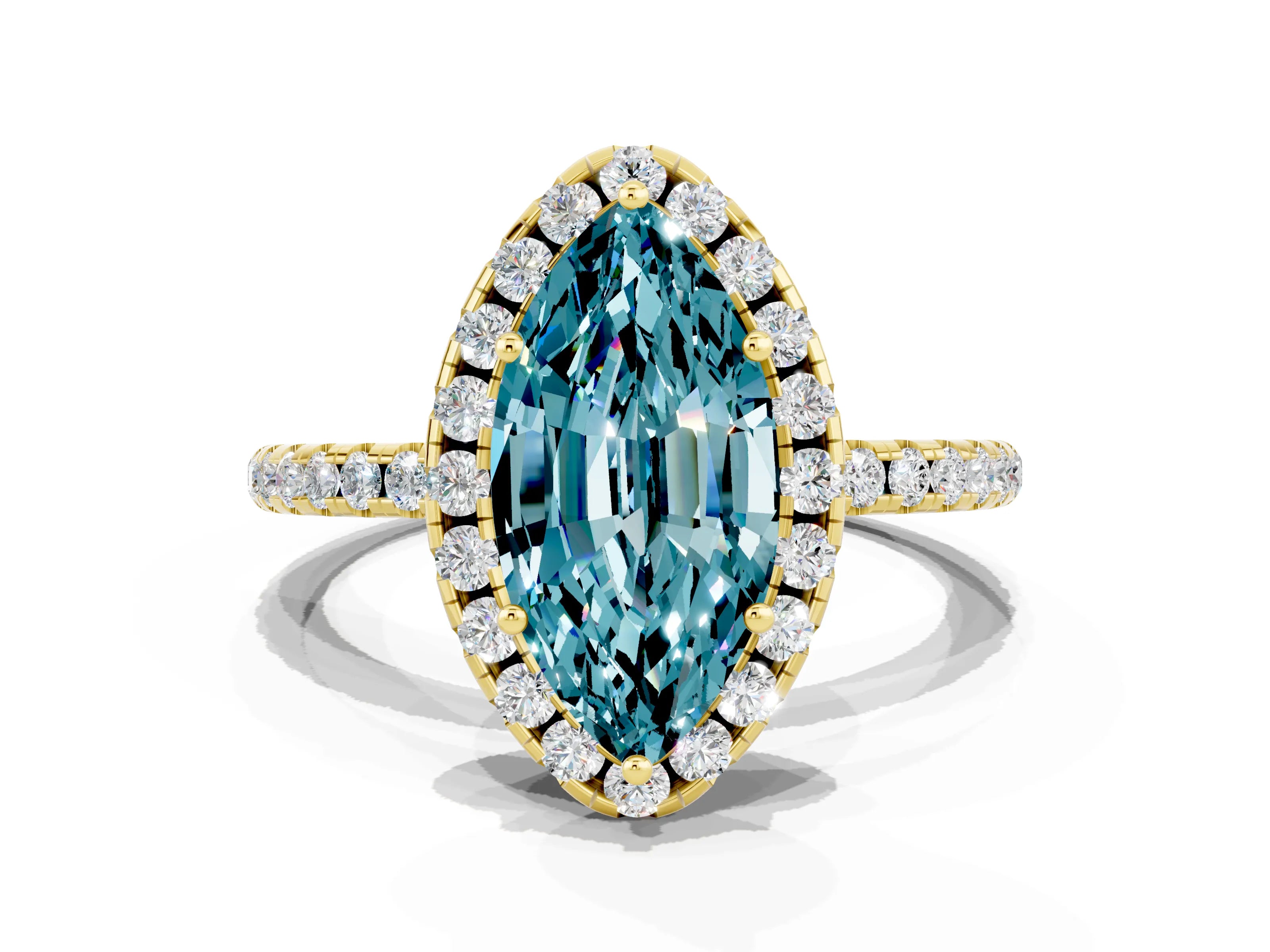 Yellow gold Marquise Cut Halo Round Diamond Pavé Band Four-Prong Ring