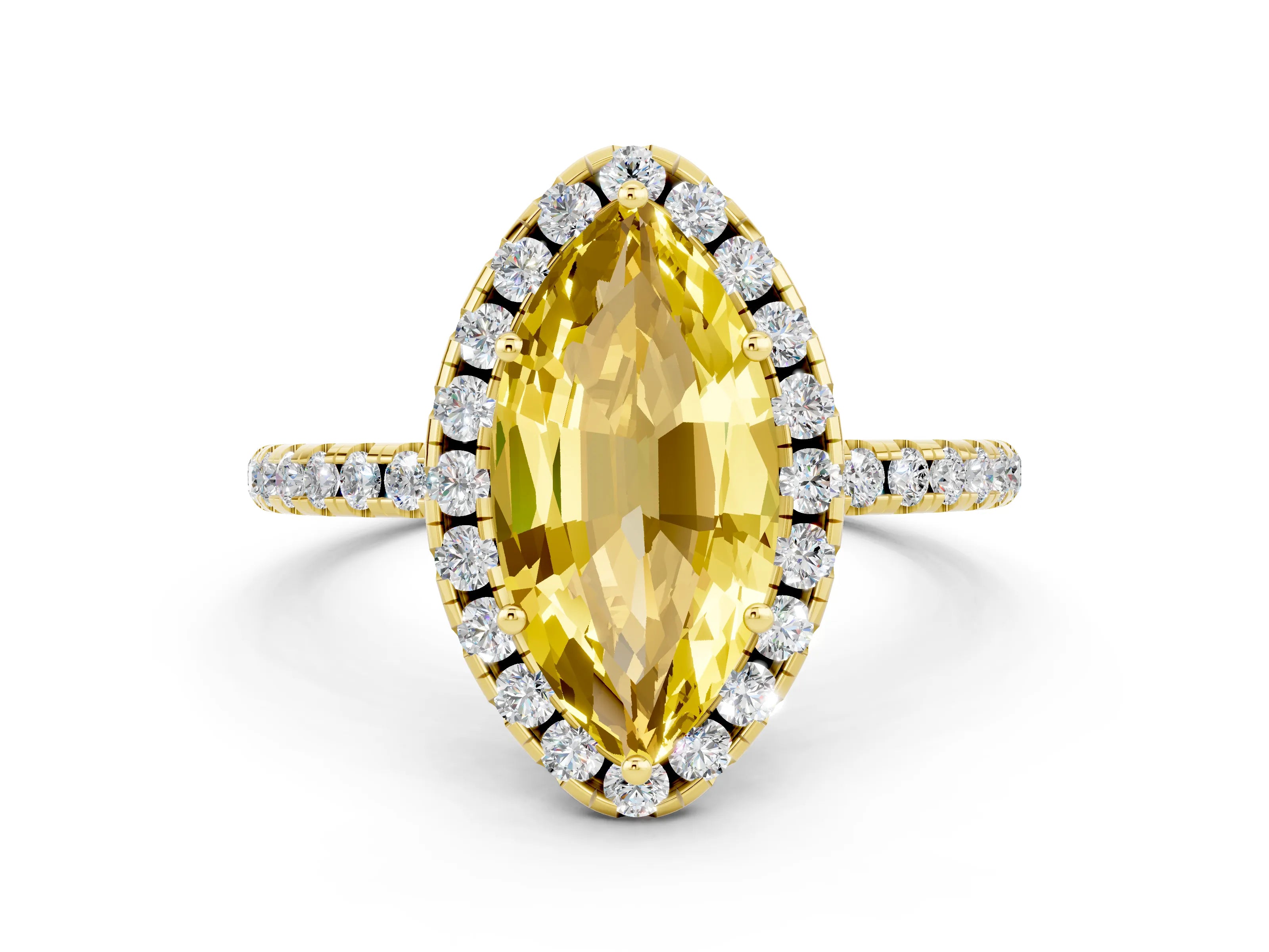 Yellow gold Marquise Cut Halo Round Diamond Pavé Band Four-Prong Ring