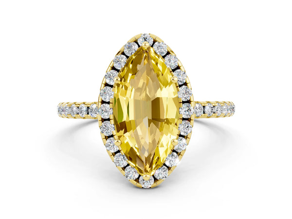 Yellow gold Marquise Cut Yellow Sapphire Halo Ring with Round Pavé Band and Prong Setting