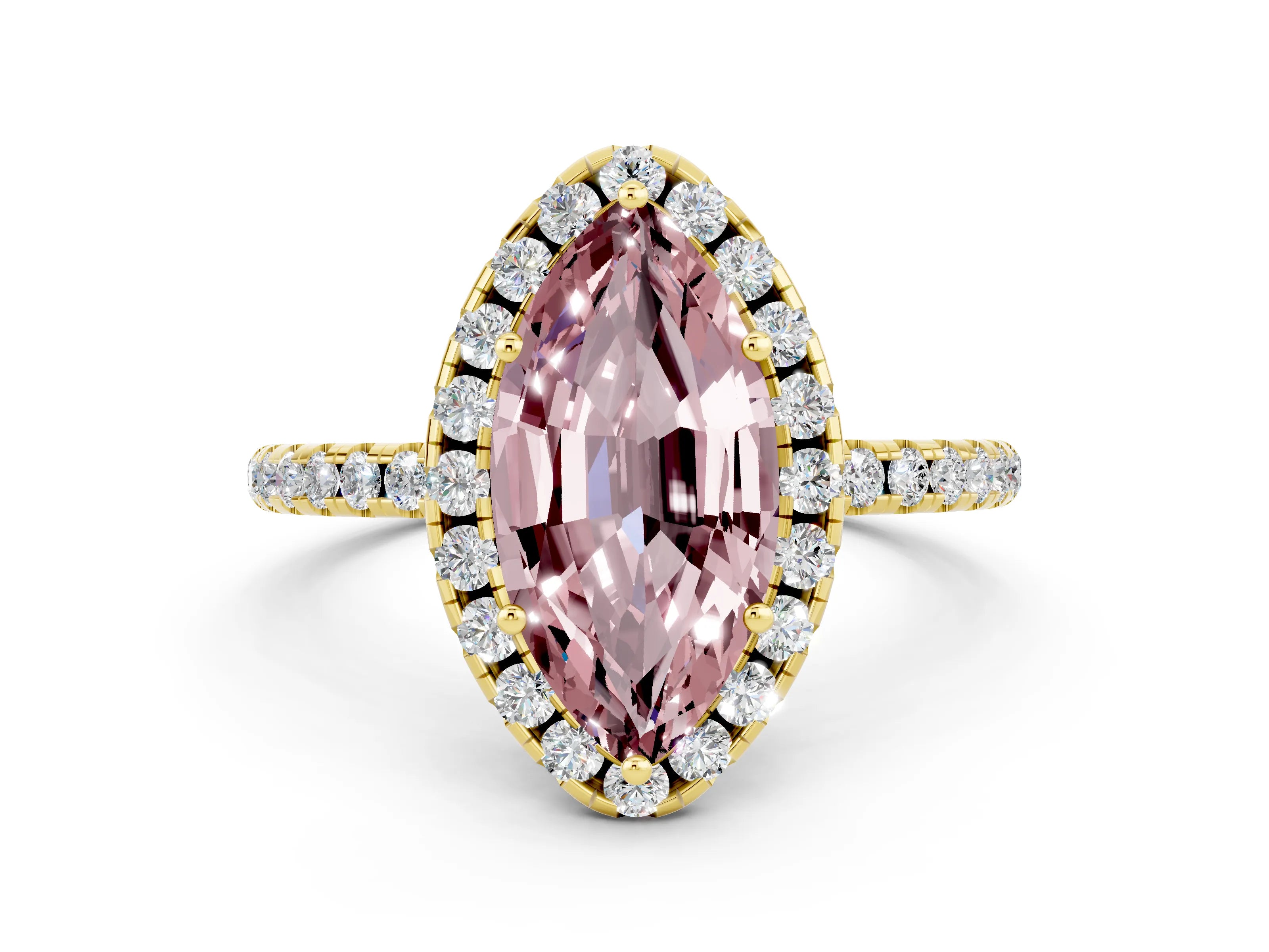 Yellow gold Marquise Cut Halo Round Diamond Pavé Band Four-Prong Ring