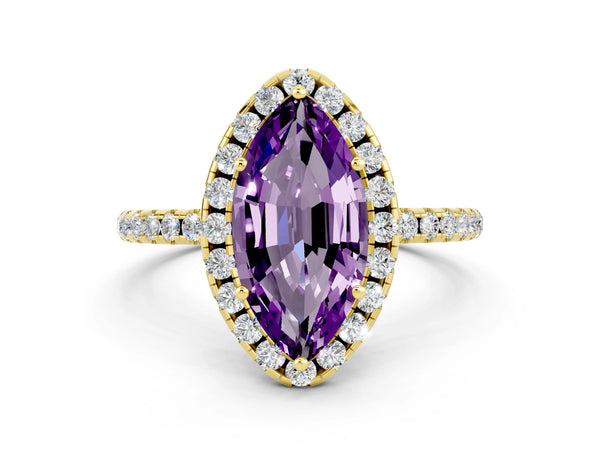 Yellow gold Marquise Cut Amethyst Halo Ring with Round Pavé Band and Prong Setting