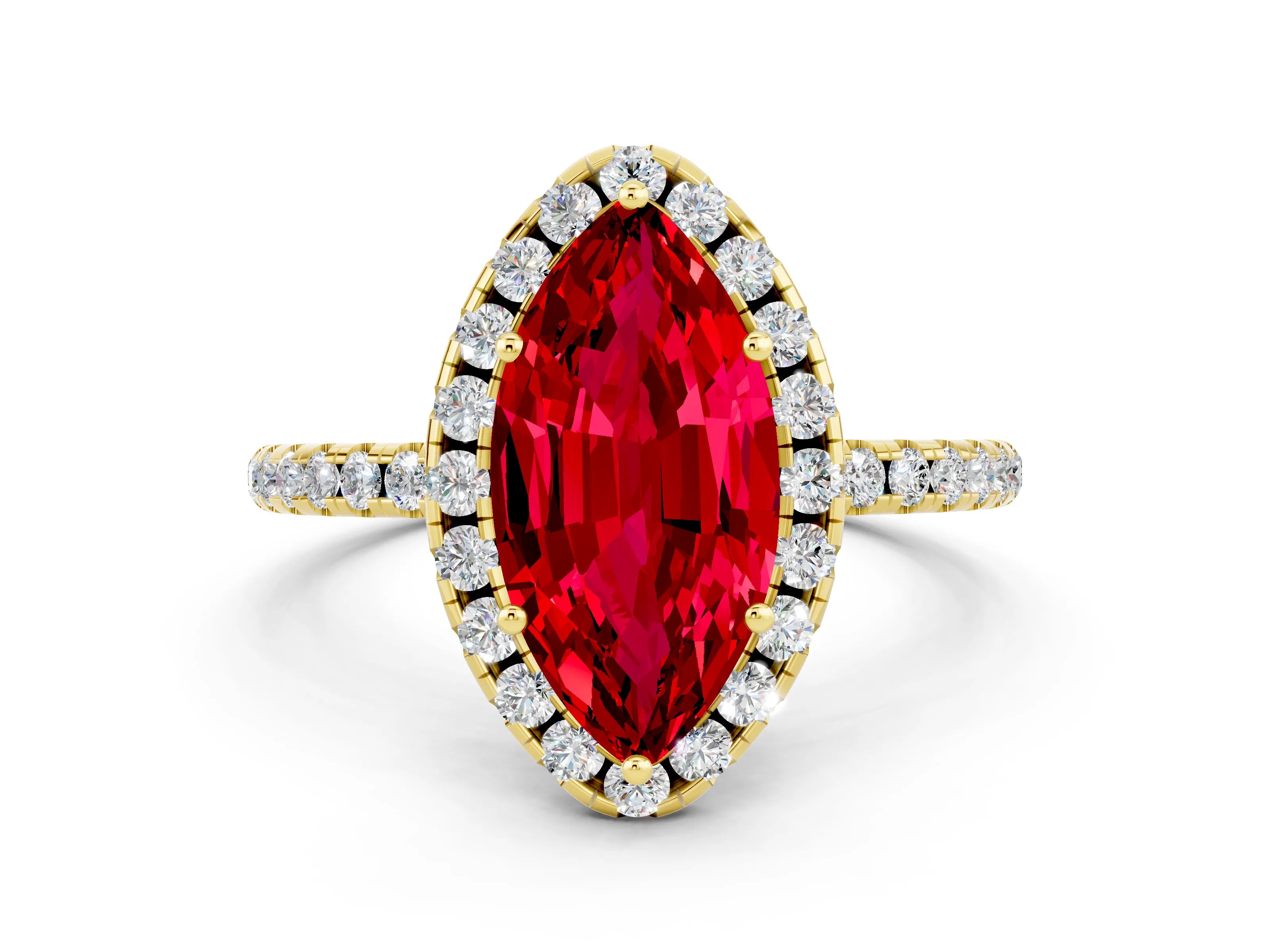 Yellow gold Marquise Cut Halo Round Diamond Pavé Band Four-Prong Ring