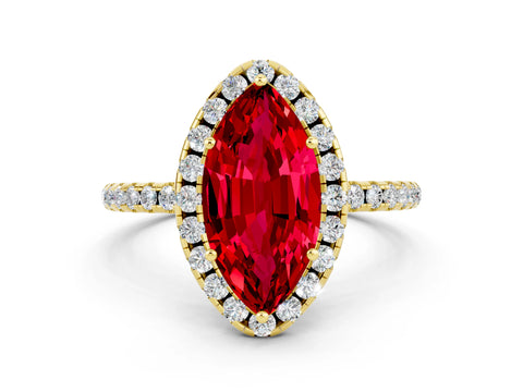 Yellow gold Marquise Cut Halo Round Diamond Pavé Band Four-Prong Ring