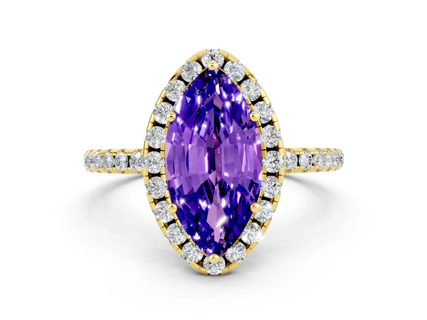 Yellow gold Marquise Cut Tanzanite Halo Ring with Round Pavé Band and Prong Setting