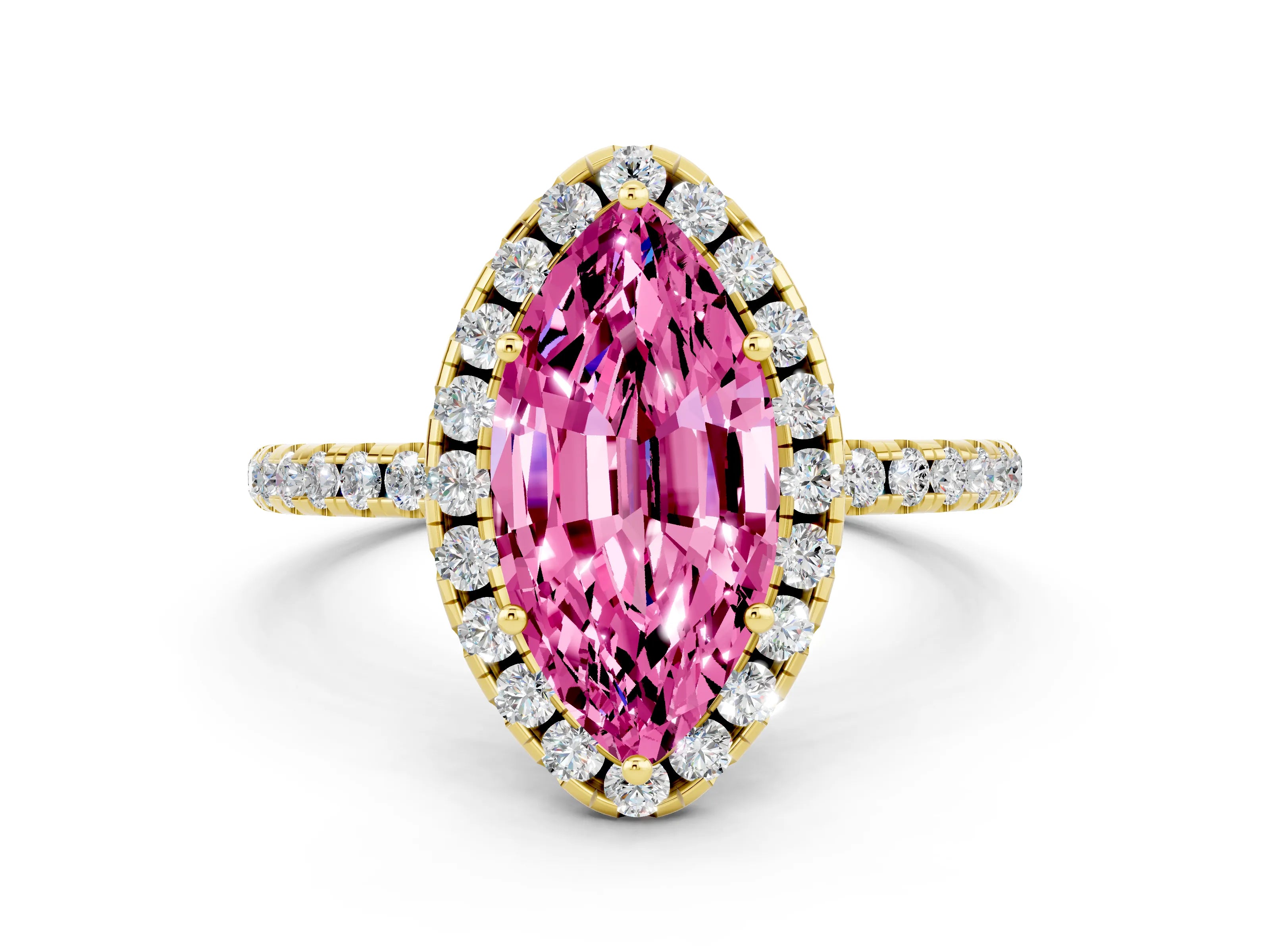 Yellow gold Marquise Cut Halo Round Diamond Pavé Band Four-Prong Ring
