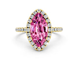 Yellow gold Marquise Cut Halo Round Diamond Pavé Band Four-Prong Ring