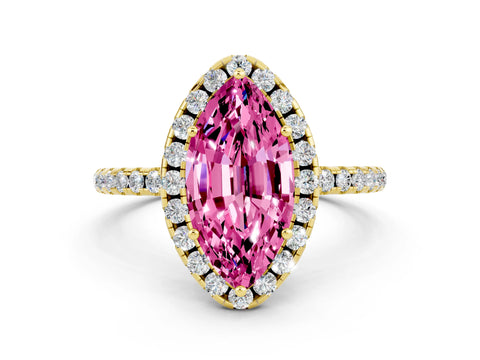 Yellow gold Marquise Cut Halo Round Diamond Pavé Band Four-Prong Ring
