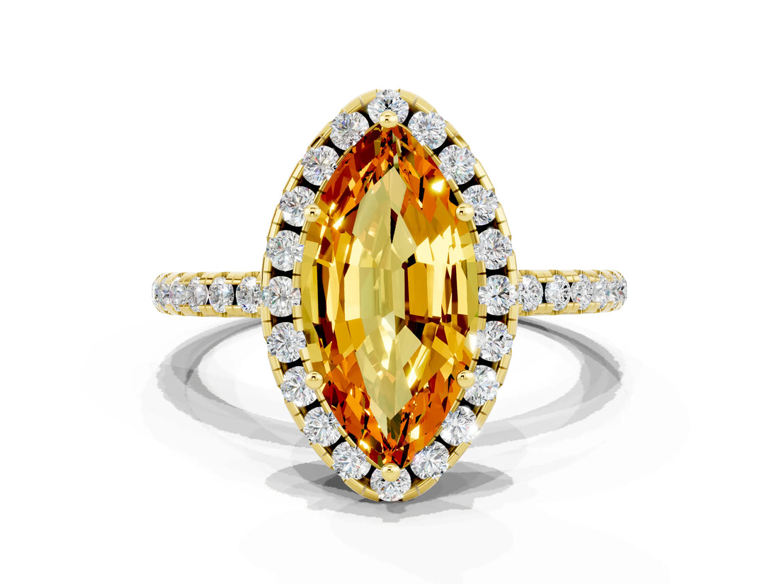 Yellow gold Marquise Cut Halo Round Diamond Pavé Band Four-Prong Ring