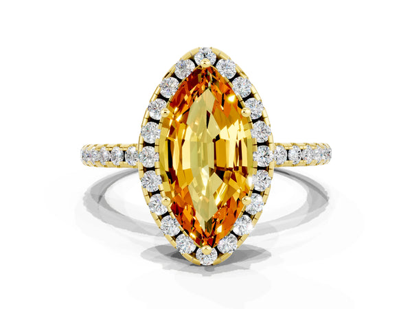 Yellow gold Marquise Cut Citrine Halo Ring with Round Pavé Band and Prong Setting
