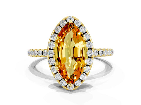 Yellow gold Marquise Cut Halo Round Diamond Pavé Band Four-Prong Ring