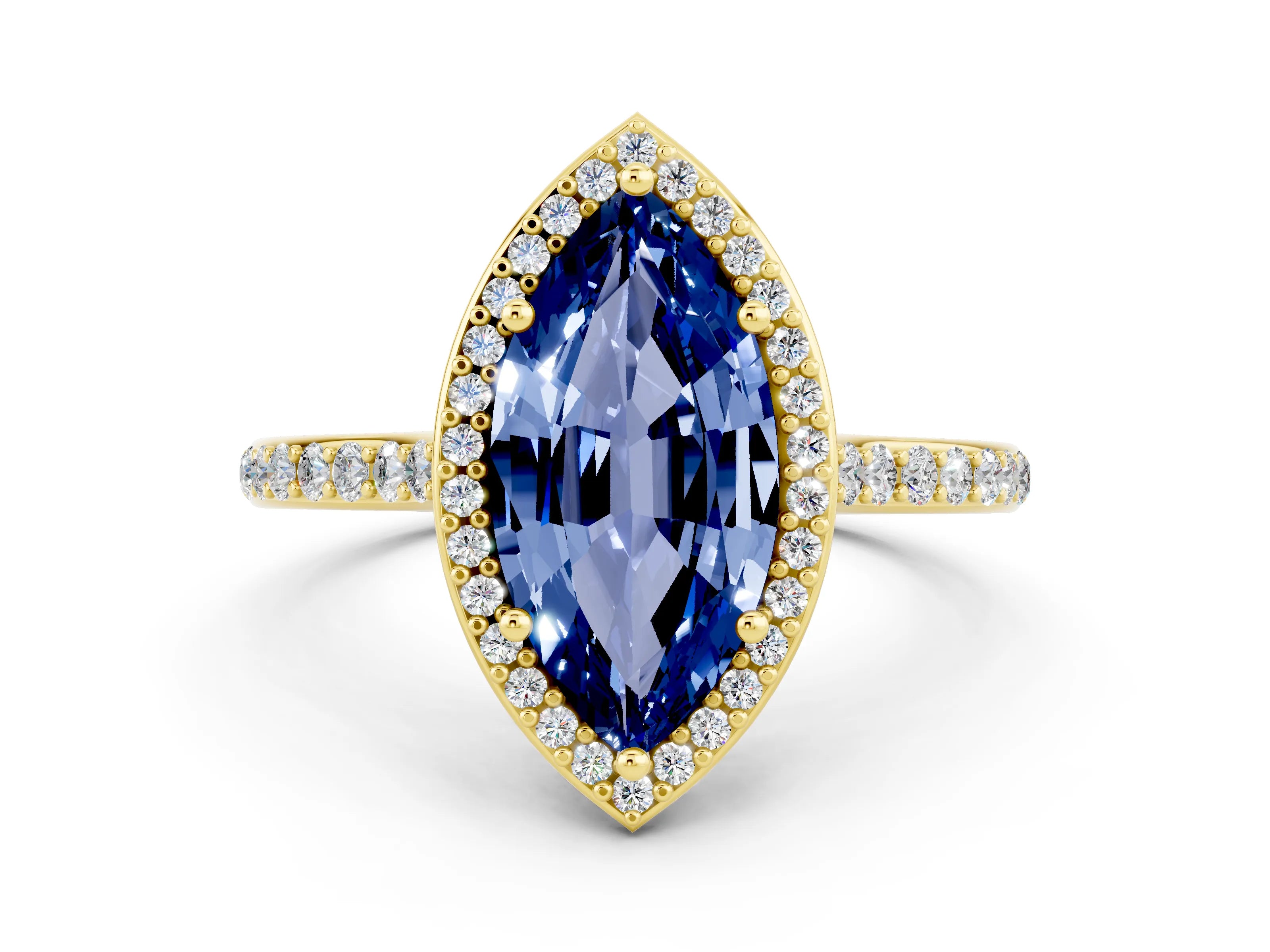 Yellow gold Marquise Cut Halo Round Diamond Pavé Band with Four-Prong Setting