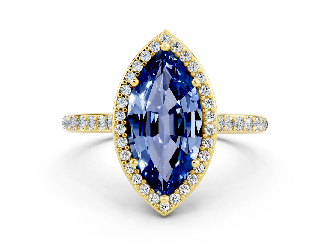 Yellow gold Marquise Cut Halo Round Diamond Pavé Band with Four-Prong Setting