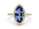 Yellow gold Marquise Cut Halo Round Diamond Pavé Band with Four-Prong Setting