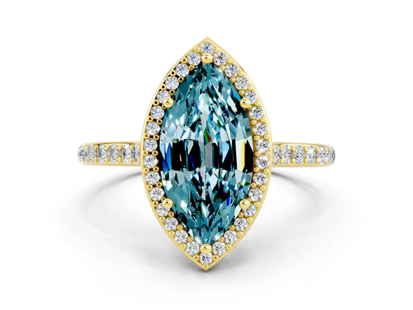 Yellow gold Marquise Cut Halo Round Diamond Pavé Band with Four-Prong Setting