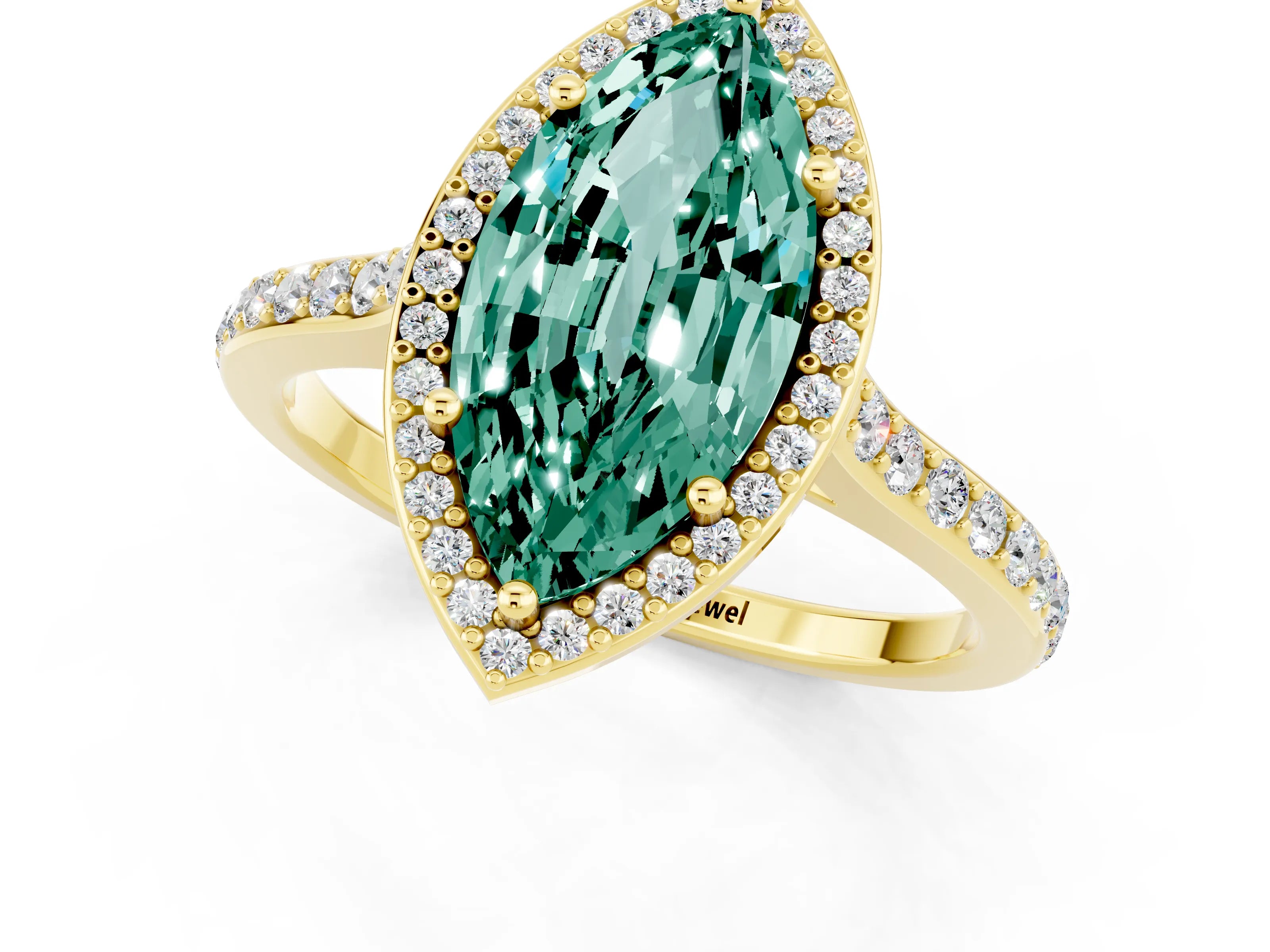 Yellow gold Marquise Cut Halo Round Diamond Pavé Band with Four-Prong Setting_1