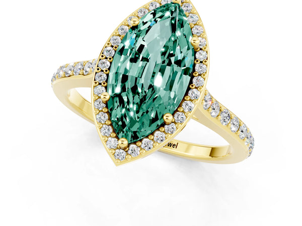 Yellow gold Marquise Cut Green Sapphire Halo Engagement Ring with Round Pavé Shoulders and Prong Setting
