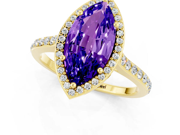 Yellow gold Marquise Cut Tanzanite Halo Engagement Ring with Round Pavé Shoulders and Prong Setting