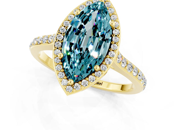 Yellow gold Marquise Cut Halo Round Diamond Pavé Band with Four-Prong Setting