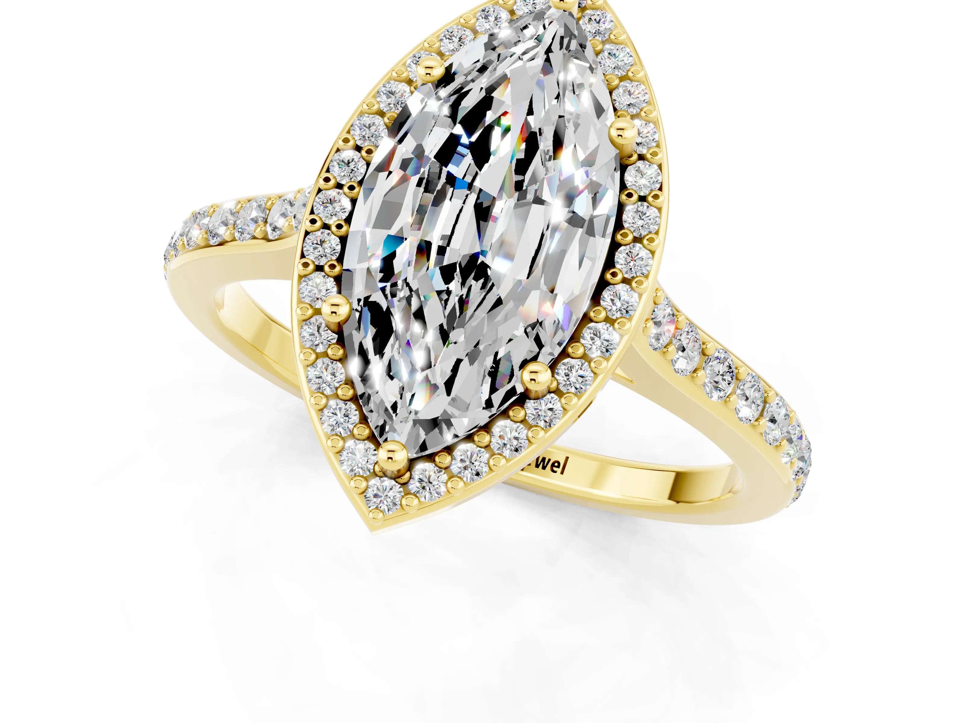 Yellow gold Marquise Cut Halo Round Diamond Pavé Band with Four-Prong Setting_1
