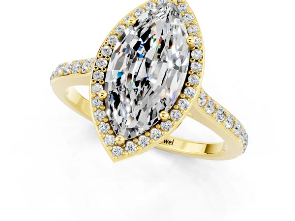 Yellow gold Marquise Cut Moissanite Halo Engagement Ring with Round Pavé Shoulders and Prong Setting