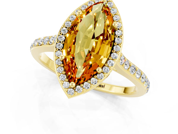 Yellow gold Marquise Cut Citrine Halo Engagement Ring with Round Pavé Shoulders and Prong Setting