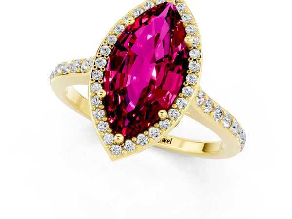 Yellow gold Marquise Cut Garnet Halo Engagement Ring with Round Pavé Shoulders and Prong Setting