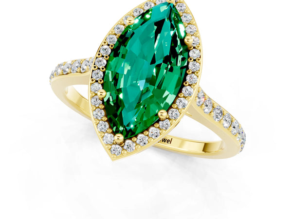 Yellow gold Marquise Cut Emerald Halo Engagement Ring with Round Pavé Shoulders and Prong Setting