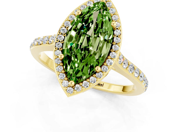 Yellow gold Marquise Cut Halo Round Diamond Pavé Band with Four-Prong Setting