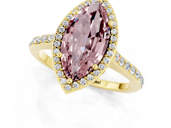 Yellow gold Marquise Cut Halo Round Diamond Pavé Band with Four-Prong Setting