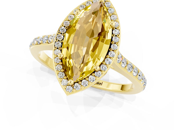 Yellow gold Marquise Cut Yellow Sapphire Halo Engagement Ring with Round Pavé Shoulders and Prong Setting