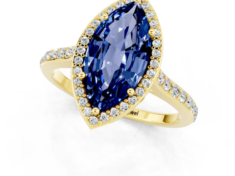 Yellow gold Marquise Cut Halo Round Diamond Pavé Band with Four-Prong Setting_1