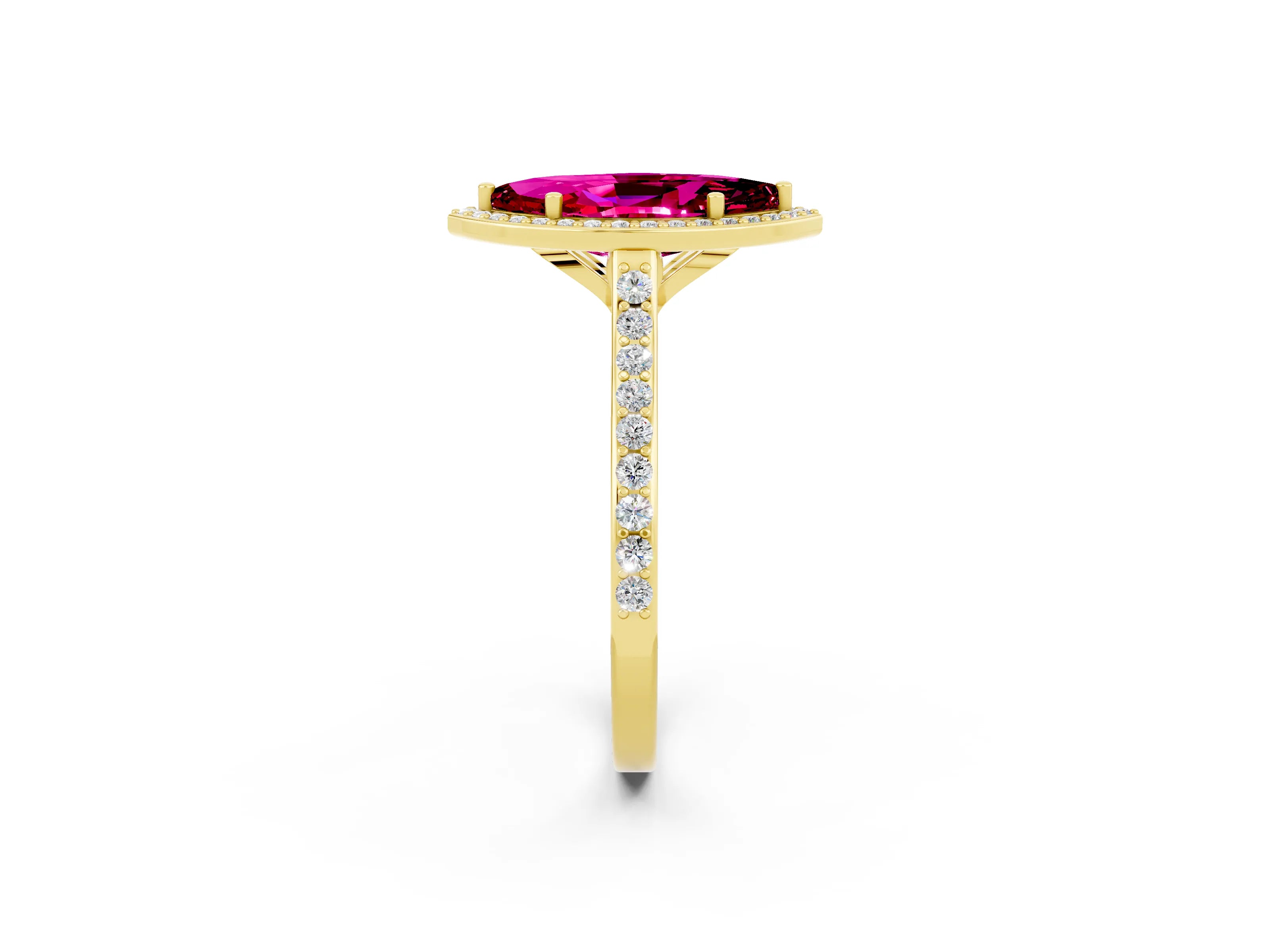 Yellow gold Marquise Cut Halo Round Diamond Pavé Band with Four-Prong Setting_2