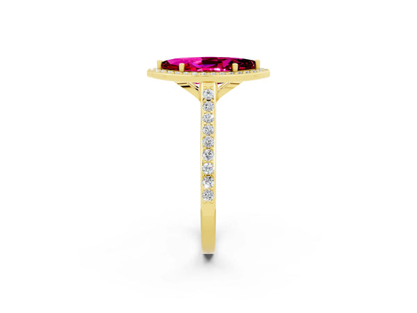 Yellow gold Marquise Cut Garnet Halo Engagement Ring with Round Pavé Shoulders and Prong Setting