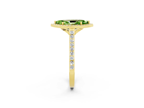 Yellow gold Marquise Cut Halo Round Diamond Pavé Band with Four-Prong Setting