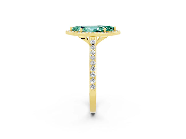 Yellow gold Marquise Cut Green Sapphire Halo Engagement Ring with Round Pavé Shoulders and Prong Setting
