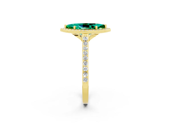 Yellow gold Marquise Cut Emerald Halo Engagement Ring with Round Pavé Shoulders and Prong Setting