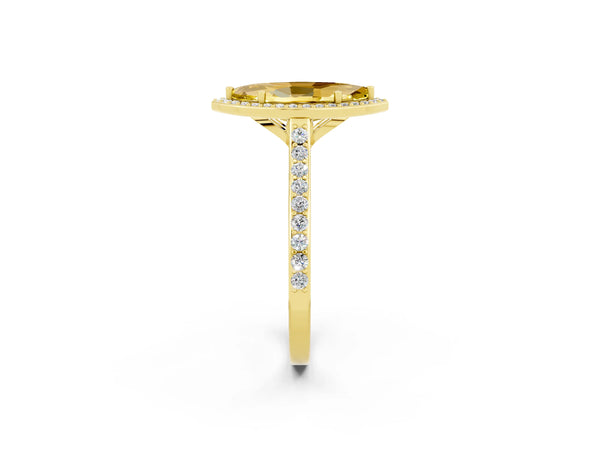 Yellow gold Marquise Cut Yellow Sapphire Halo Engagement Ring with Round Pavé Shoulders and Prong Setting