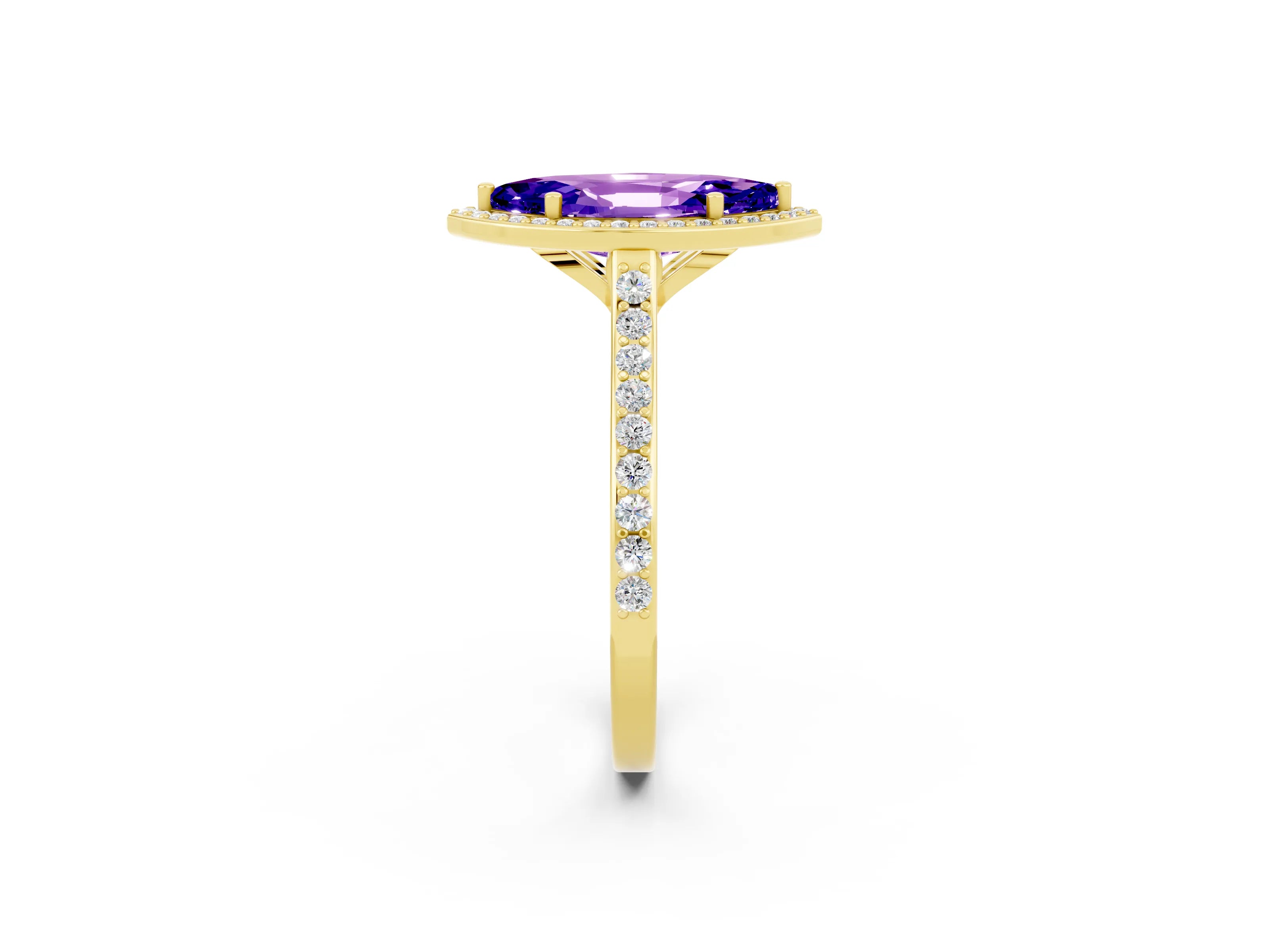 Yellow gold Marquise Cut Halo Round Diamond Pavé Band with Four-Prong Setting_2