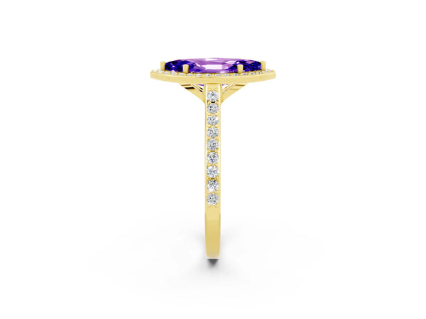 Yellow gold Marquise Cut Tanzanite Halo Engagement Ring with Round Pavé Shoulders and Prong Setting