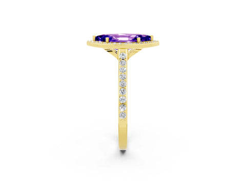 Yellow gold Marquise Cut Halo Round Diamond Pavé Band with Four-Prong Setting_2