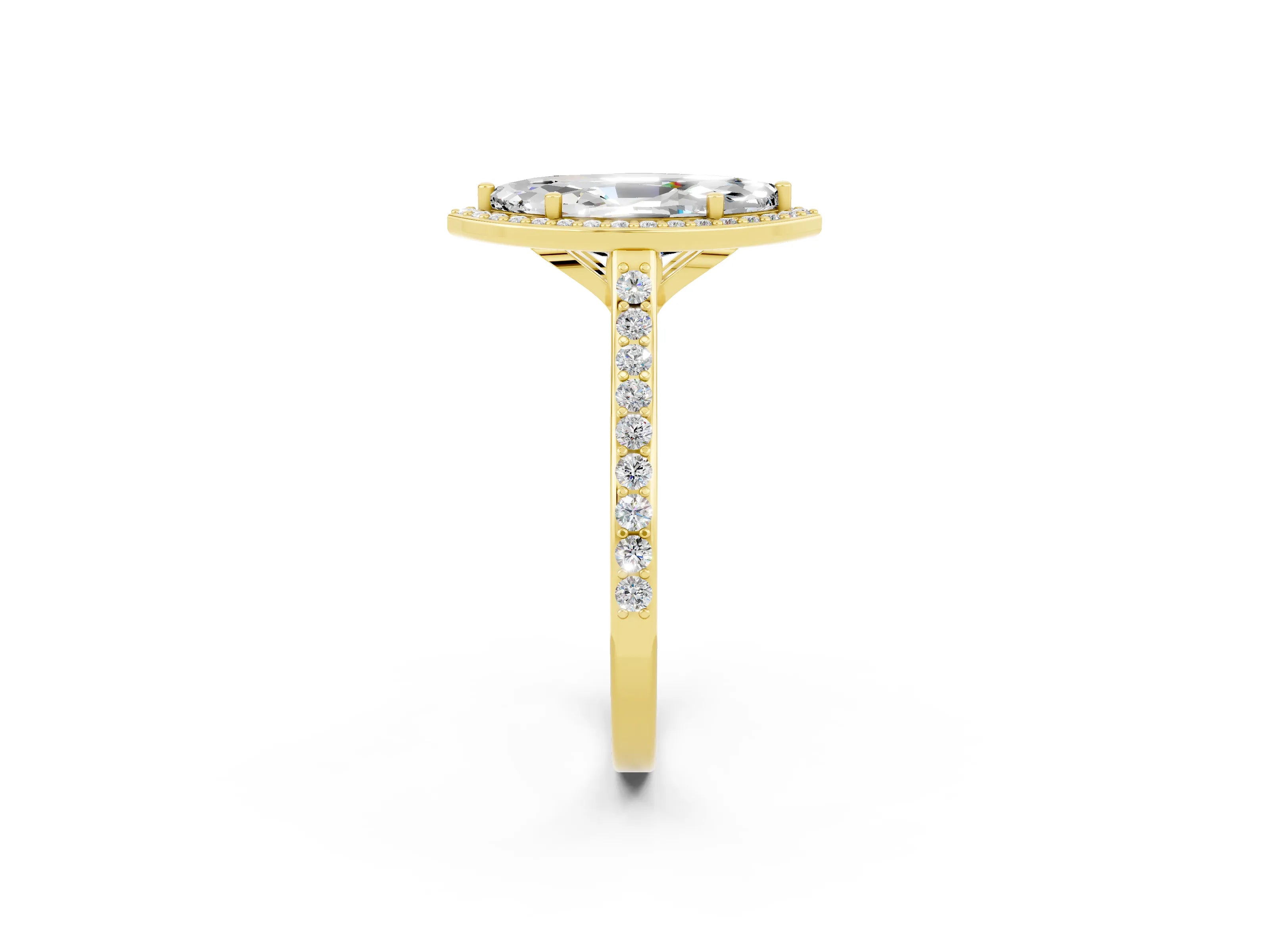 Yellow gold Marquise Cut Halo Round Diamond Pavé Band with Four-Prong Setting_2