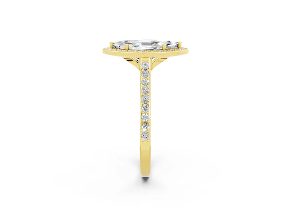 Yellow gold Marquise Cut Moissanite Halo Engagement Ring with Round Pavé Shoulders and Prong Setting