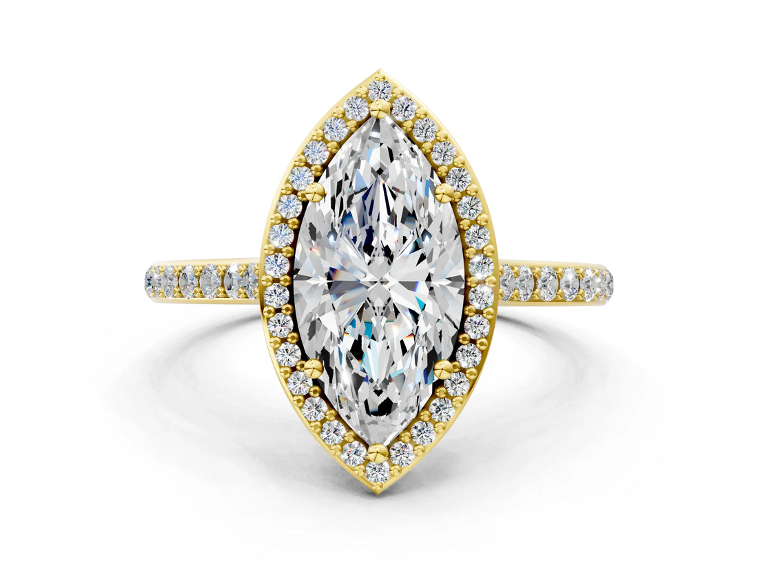 Yellow gold Marquise Cut Halo Round Diamond Pavé Band with Four-Prong Setting_3