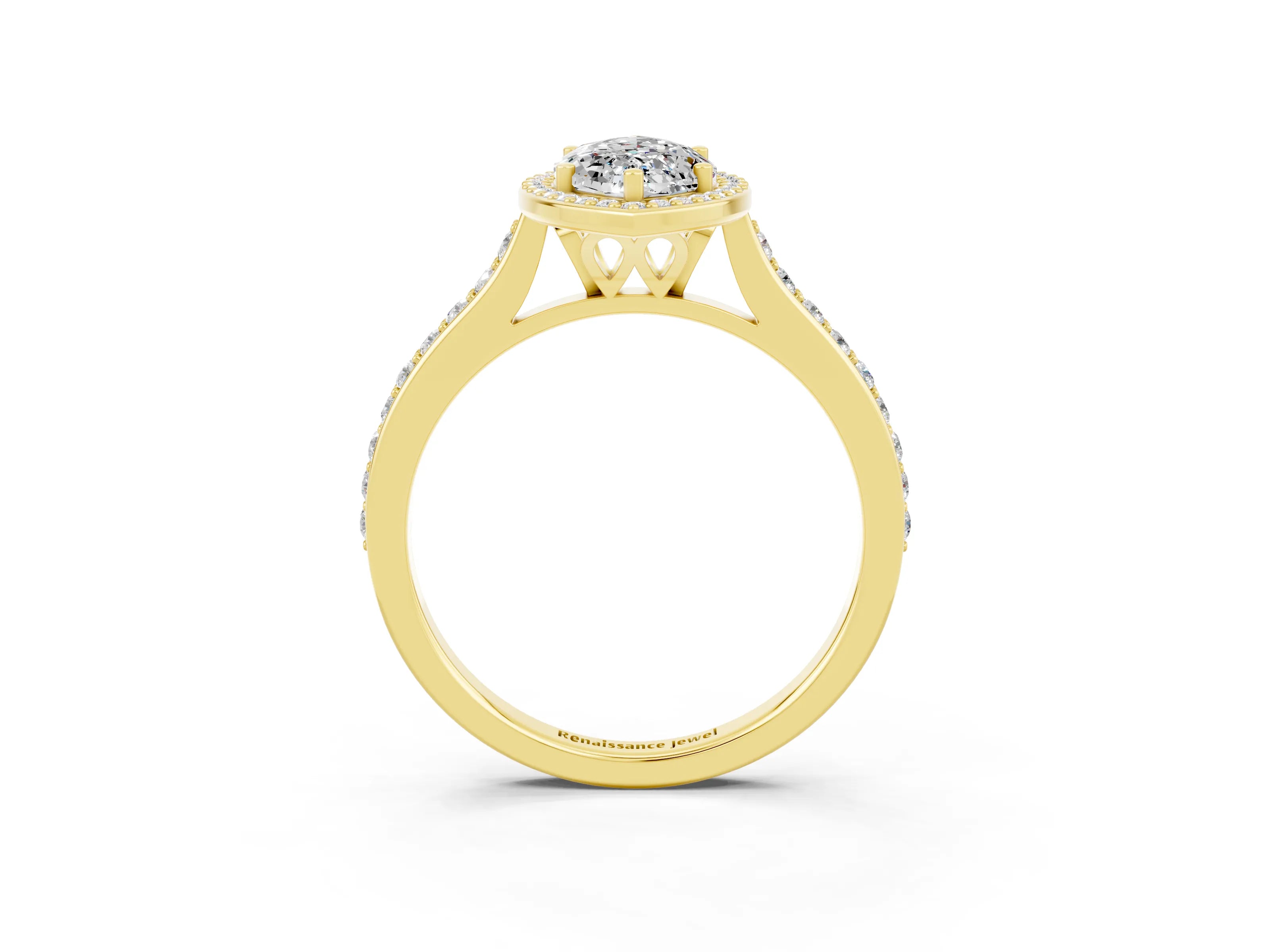 Yellow gold Marquise Cut Halo Round Diamond Pavé Band with Four-Prong Setting_3