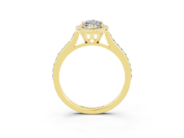 Yellow gold Marquise Cut Moissanite Halo Engagement Ring with Round Pavé Shoulders and Prong Setting